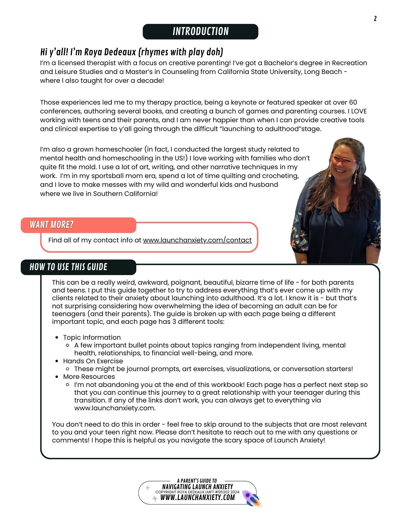 Introduction to licensed therapist Roya Dedeaux in her 40 page parenting guide for navigating Launch Anxiety for parents of teenagers