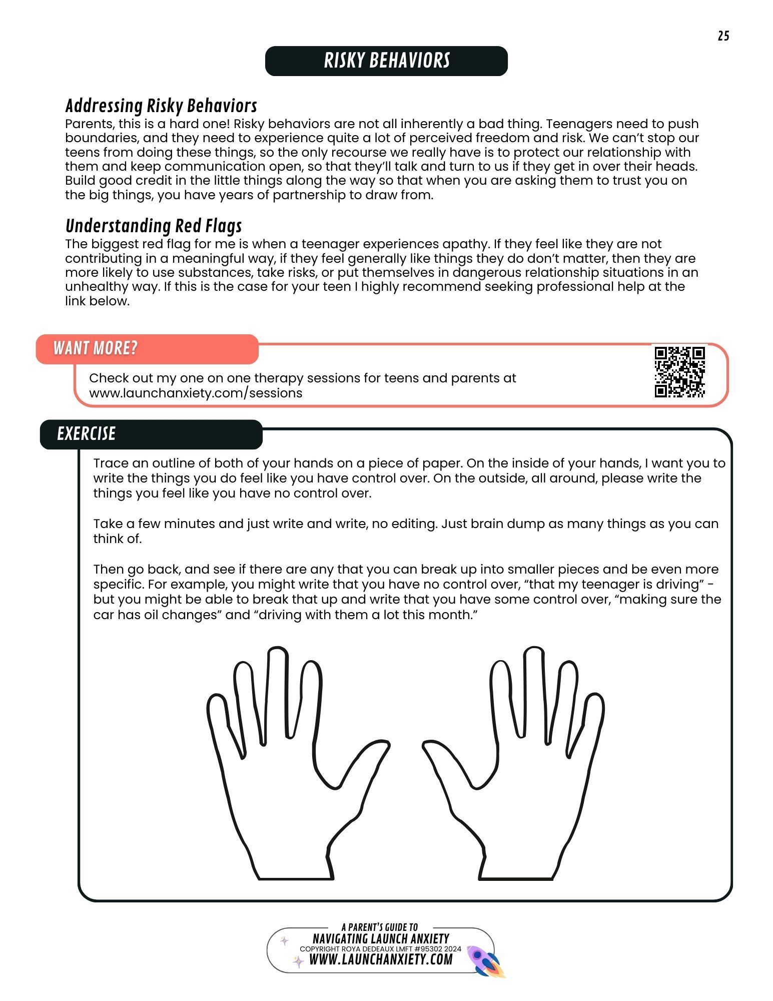 A sample page for parents of teenagers, the topic of this is helping teenagers through risky behavior. One of the topics covered in Roya Dedeaux's 40 page parenting guide for navigating Launch Anxiety for parents of teenagers