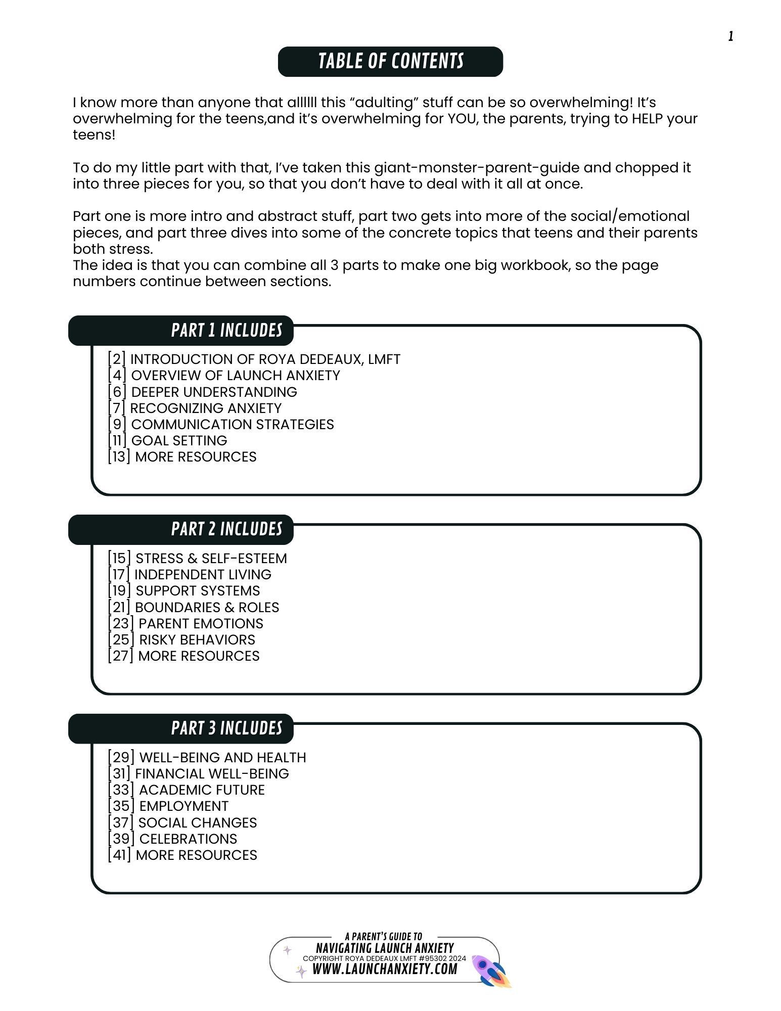 Table of contents from a free Parents Guide to Navigating Launch Anxiety. Topics include things like well-being, understanding anxiety, financial health, mental health, social relationships, and more.