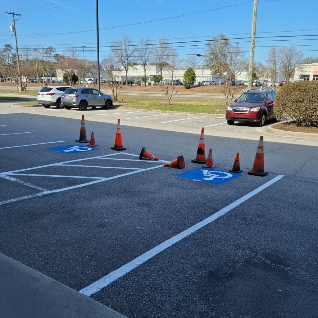 ADA parking restriping in Peoria AZ with cones marking fresh handicap spaces and aisles