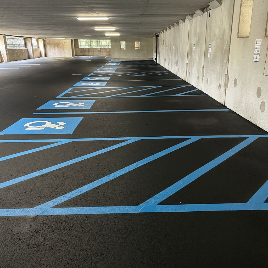 ADA parking garage striping in Peoria AZ with blue handicap spaces and access aisles