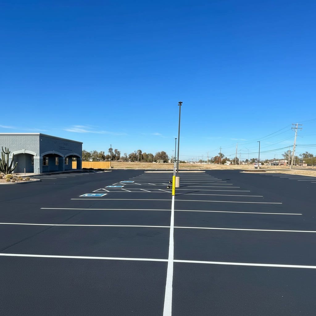 Parking lot striping layout in Peoria AZ with clean white lines on new asphalt surface