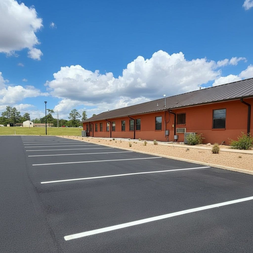 Fresh parking lot striping in Peoria AZ with clean white lines near commercial building