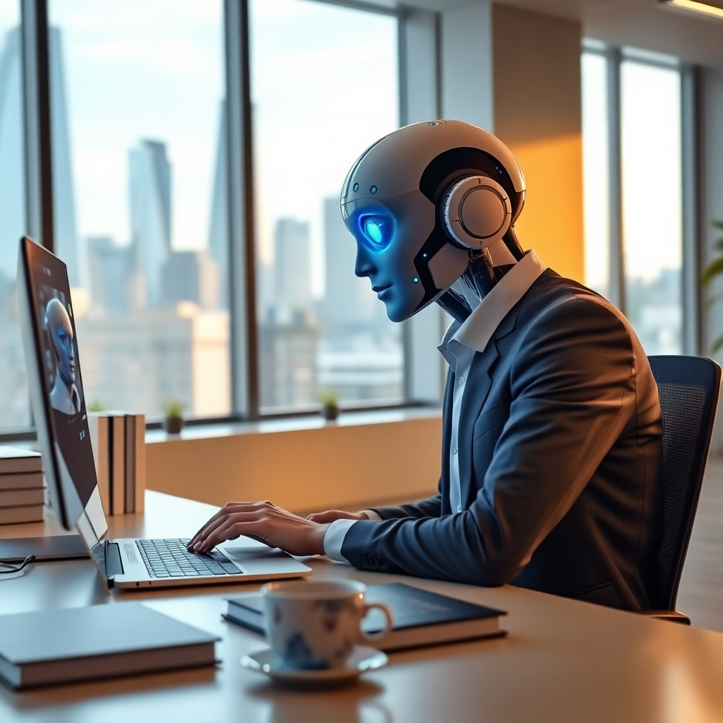 A robot is sitting at a desk typing on a laptop computer.