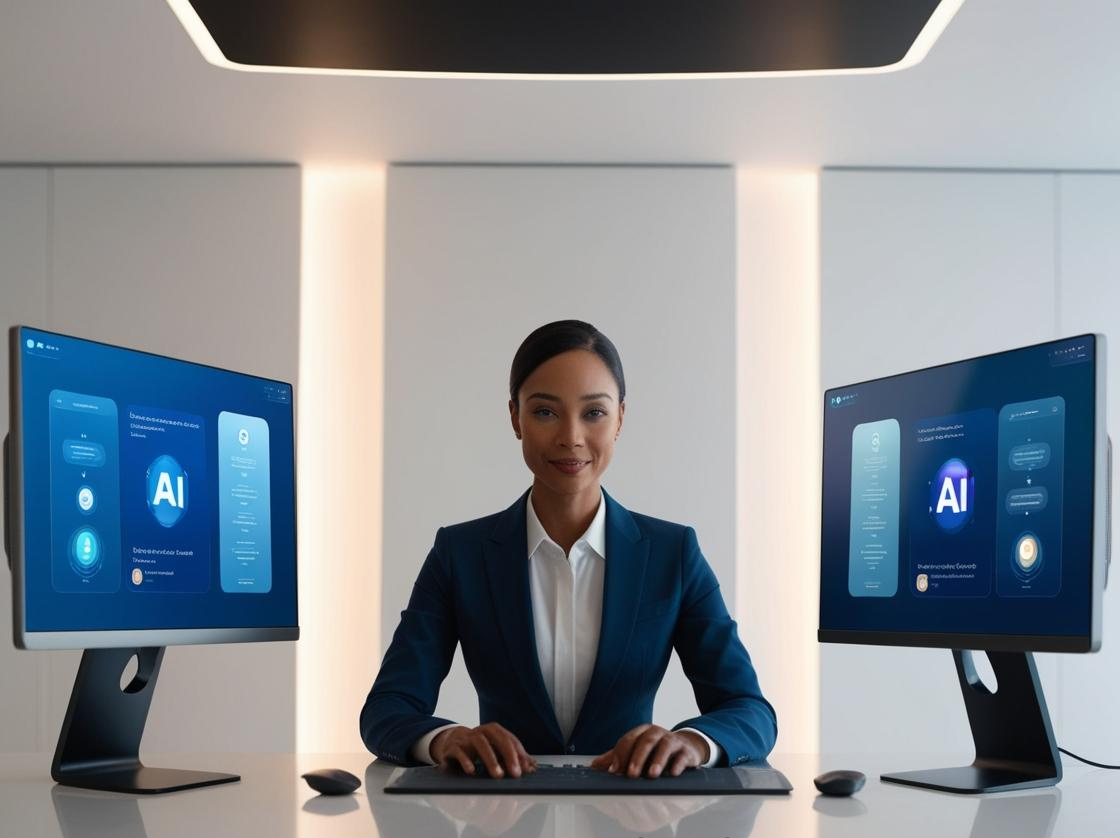 A woman is sitting at a desk in front of two computer monitors.