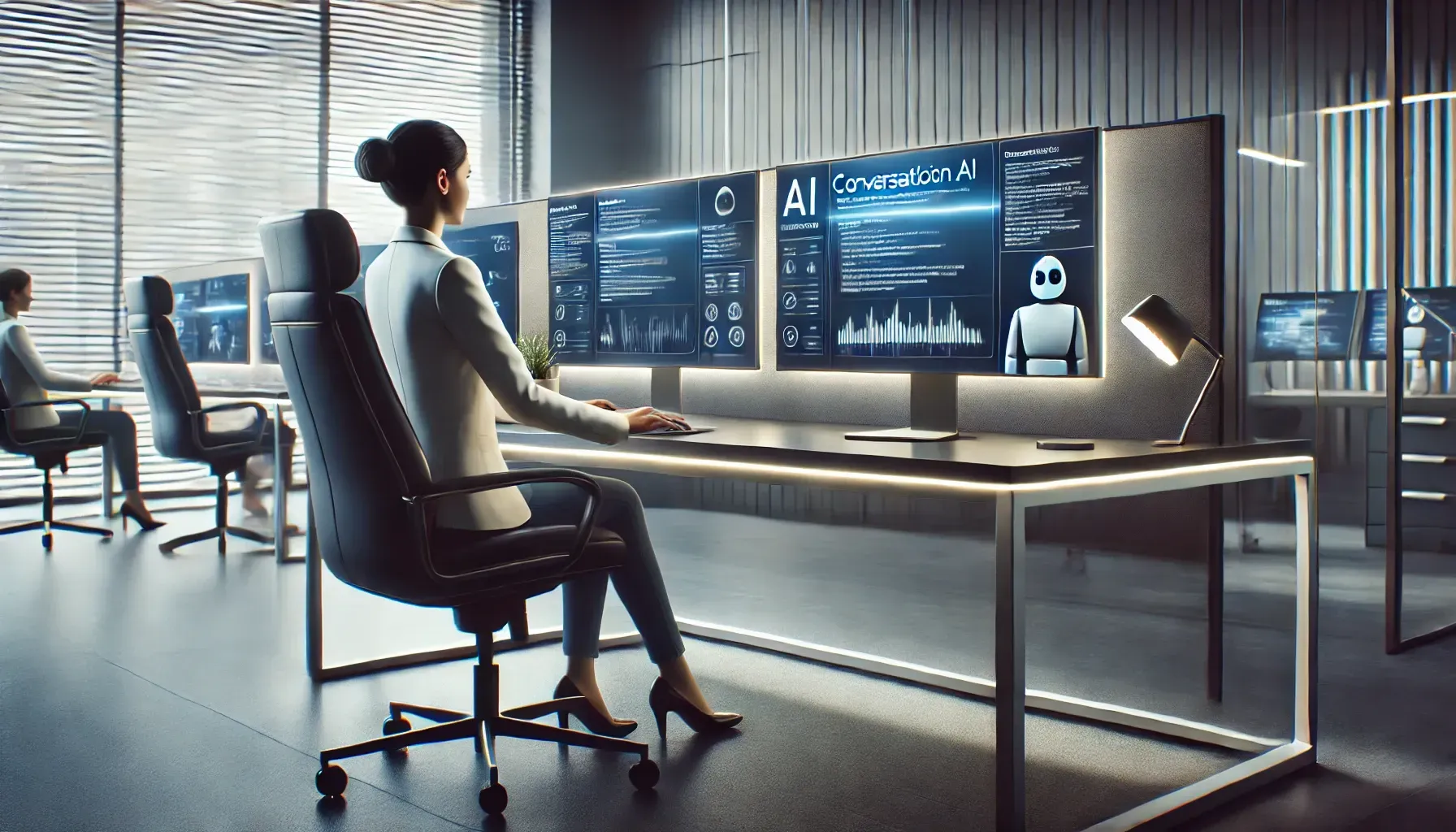 A woman is sitting at a desk in front of a computer monitor.