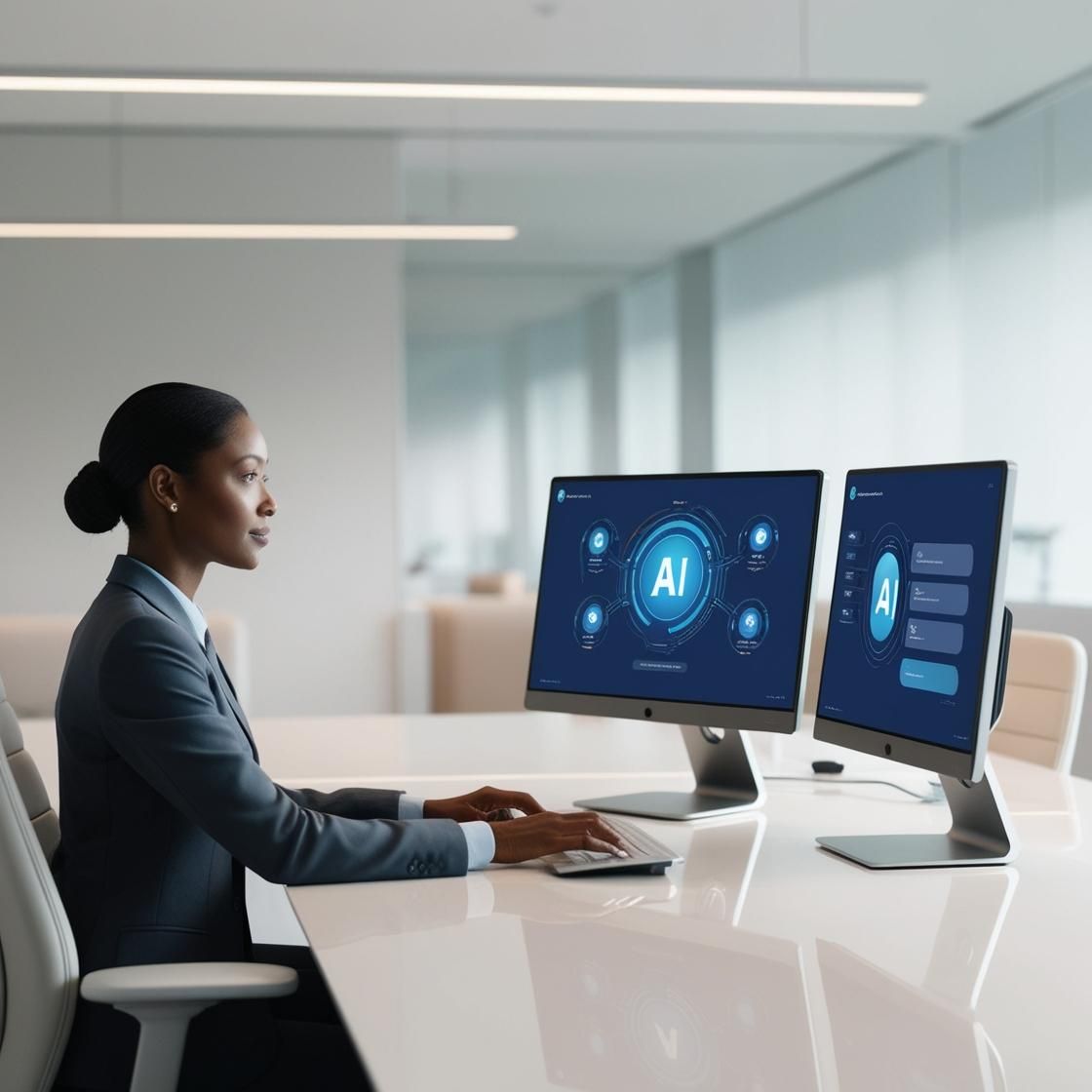 A woman is sitting at a desk in front of two computer monitors.