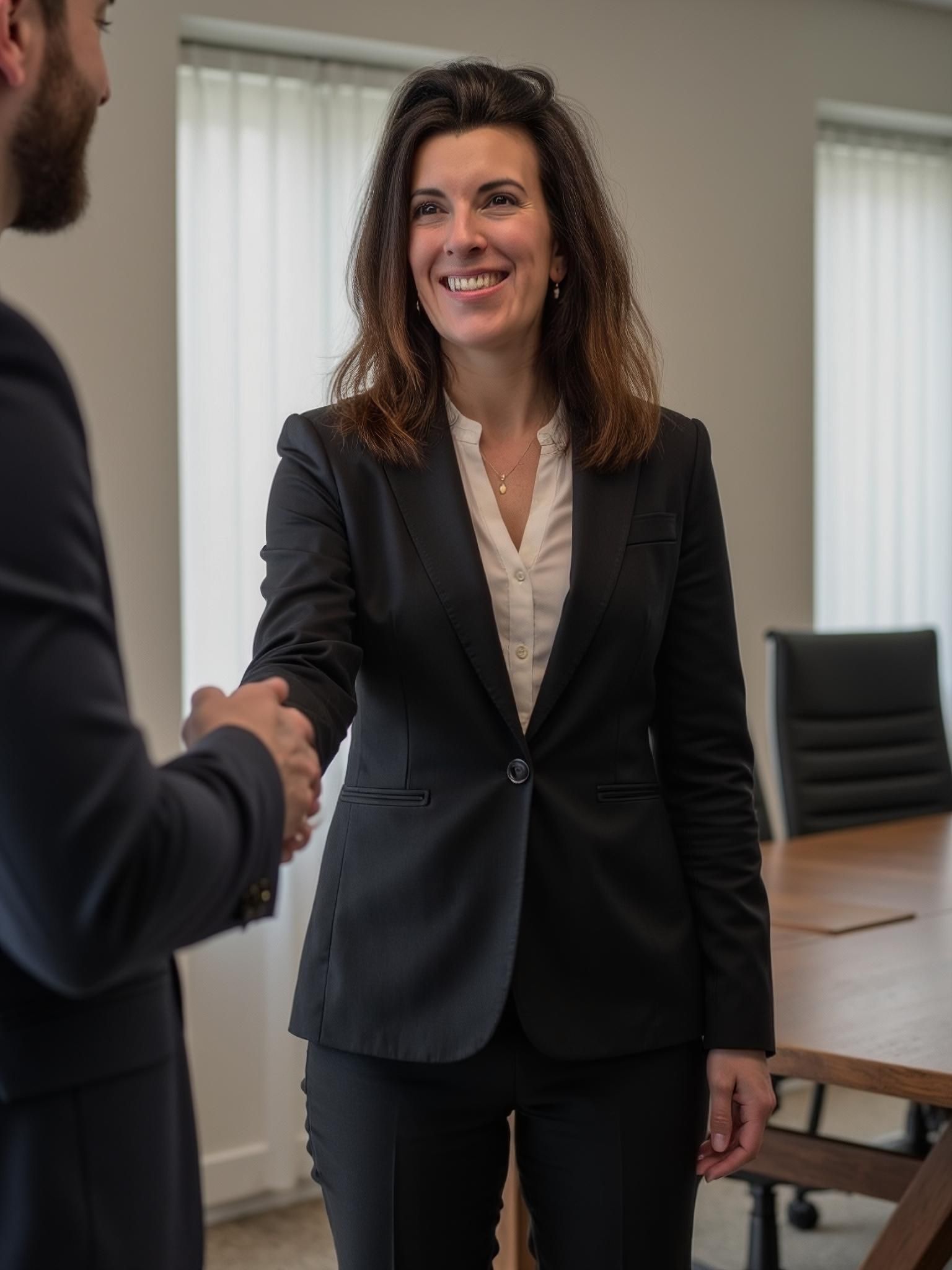 A woman is standing by a desk shaking a mans hand.