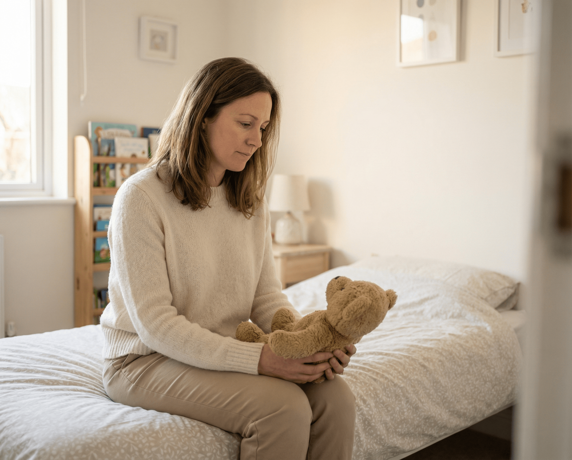 Woman sitting on a bed, holding a teddy bear, looking down thoughtfully. Bedroom setting.