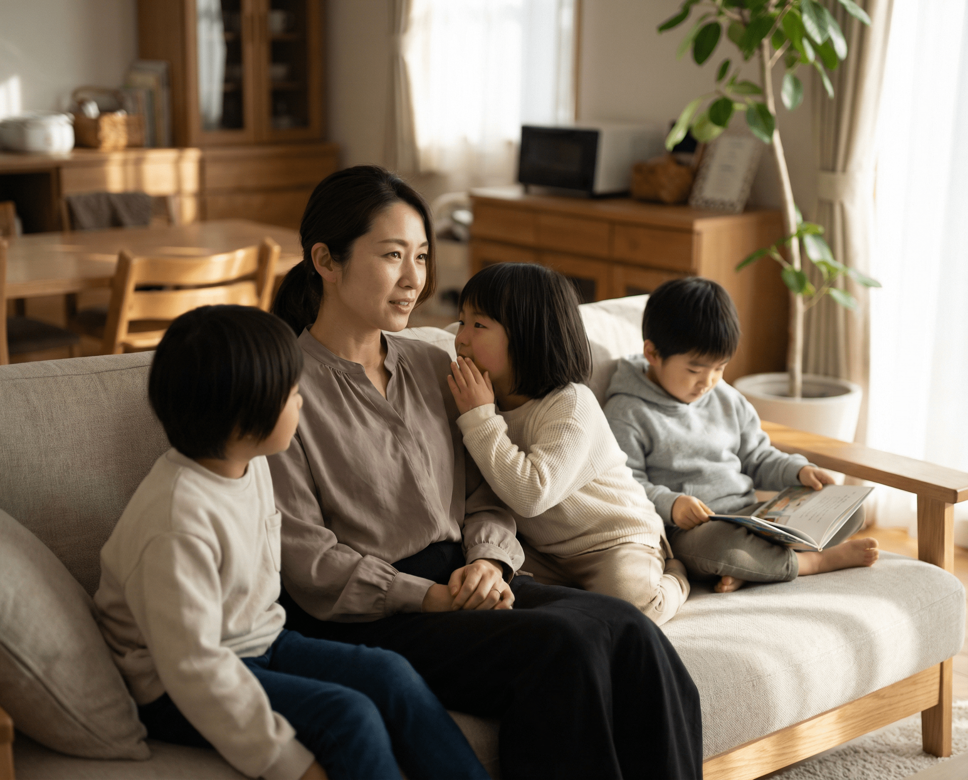 Woman with three children on a couch in a living room; one whispers to her, one reads, and one looks on.
