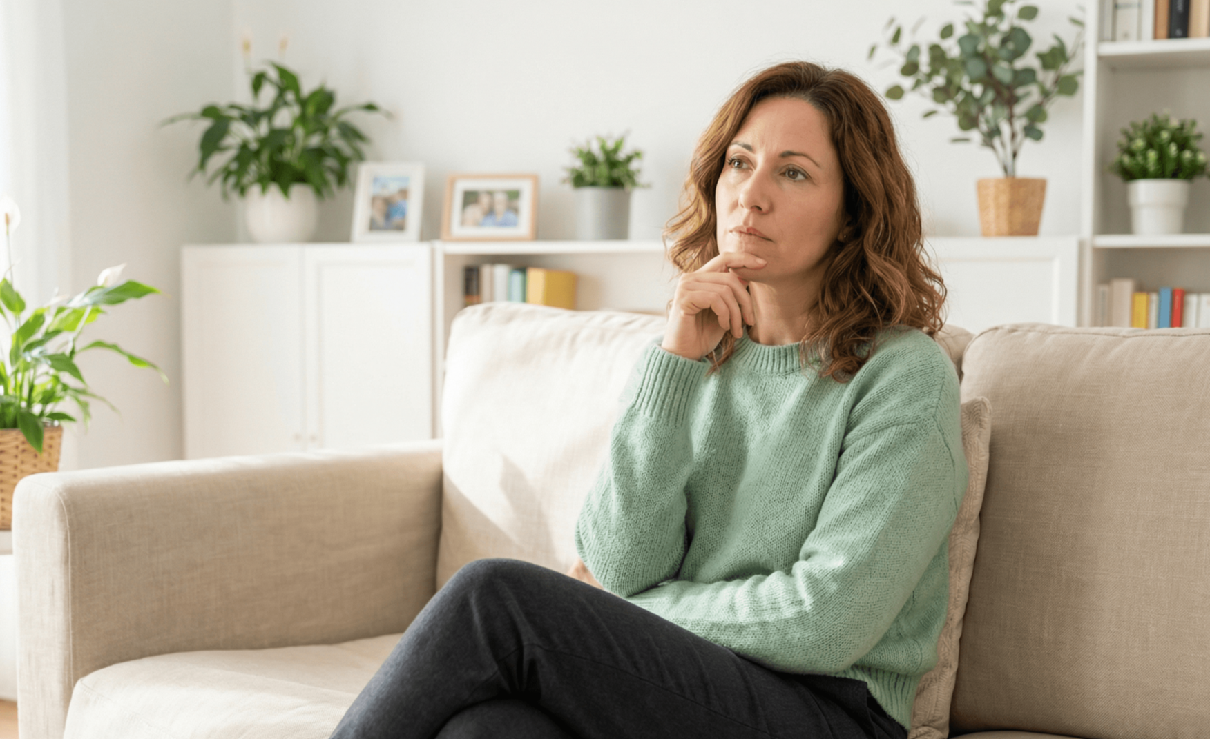 Woman sitting on a beige couch, looking thoughtful. Wearing a green sweater, in a living room with plants.