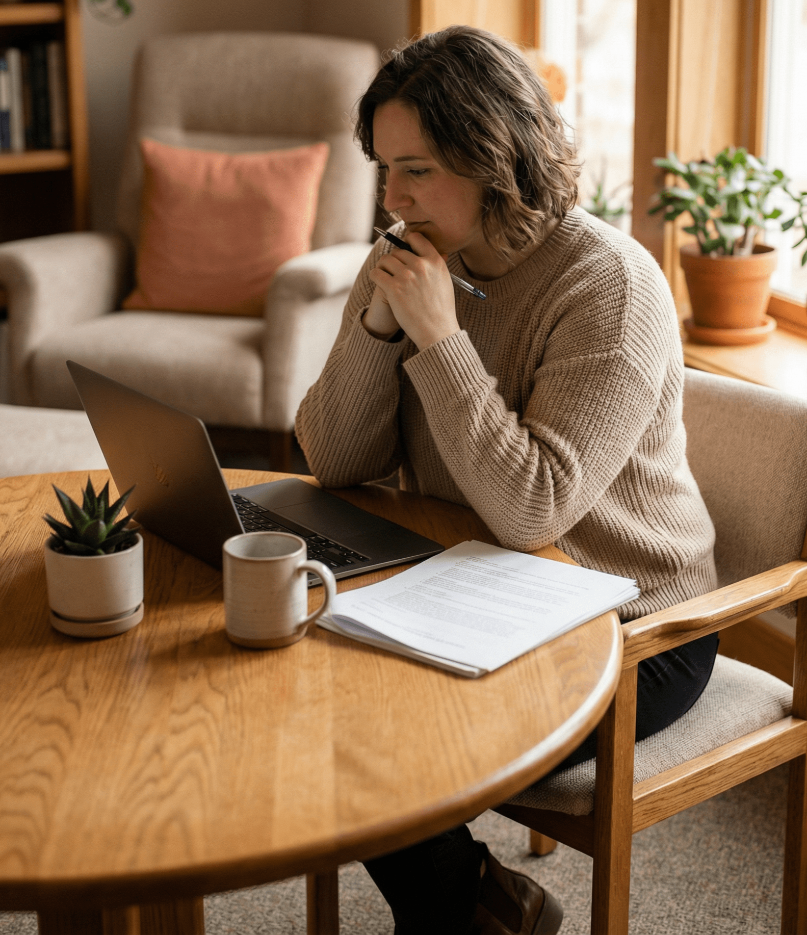 Woman sitting at a round table, working on laptop, with a mug and papers, in a cozy room.