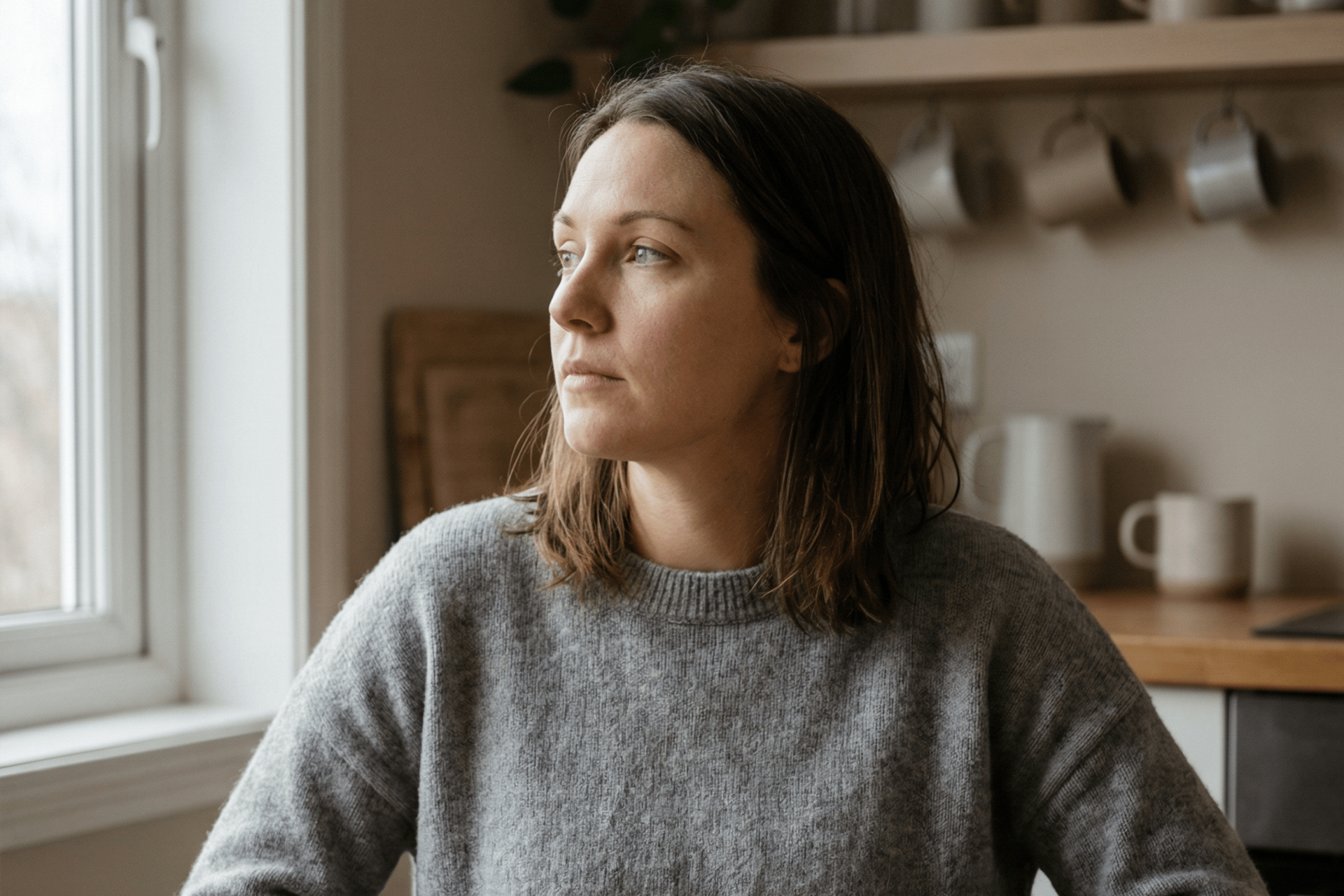Woman in gray sweater looking out a window in a kitchen, with a thoughtful expression.