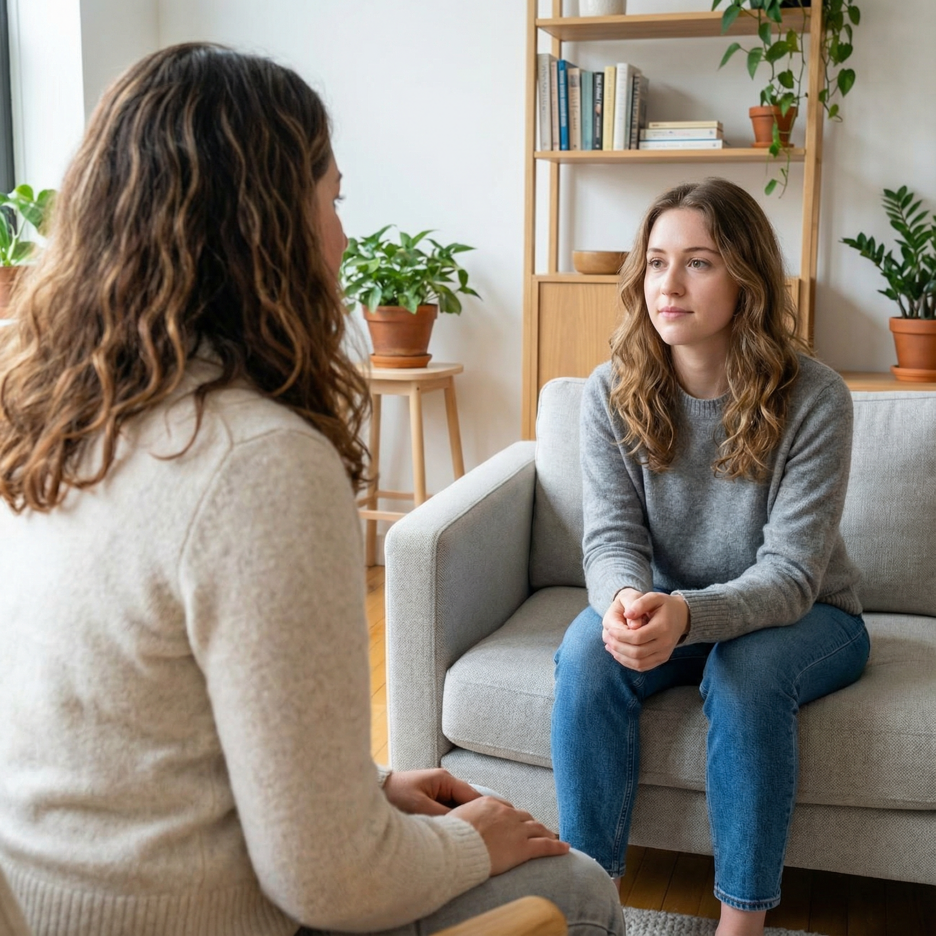 Woman seated on a couch talking to a therapist in a living room.