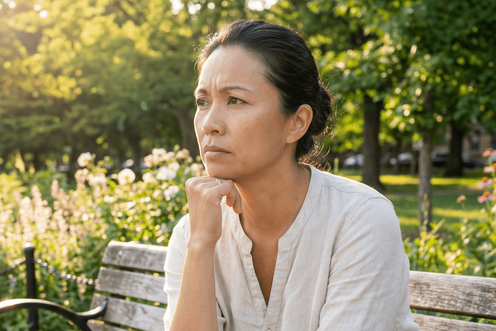 Woman sitting on a park bench, resting chin on hand, looking off to the side with a concerned expression.