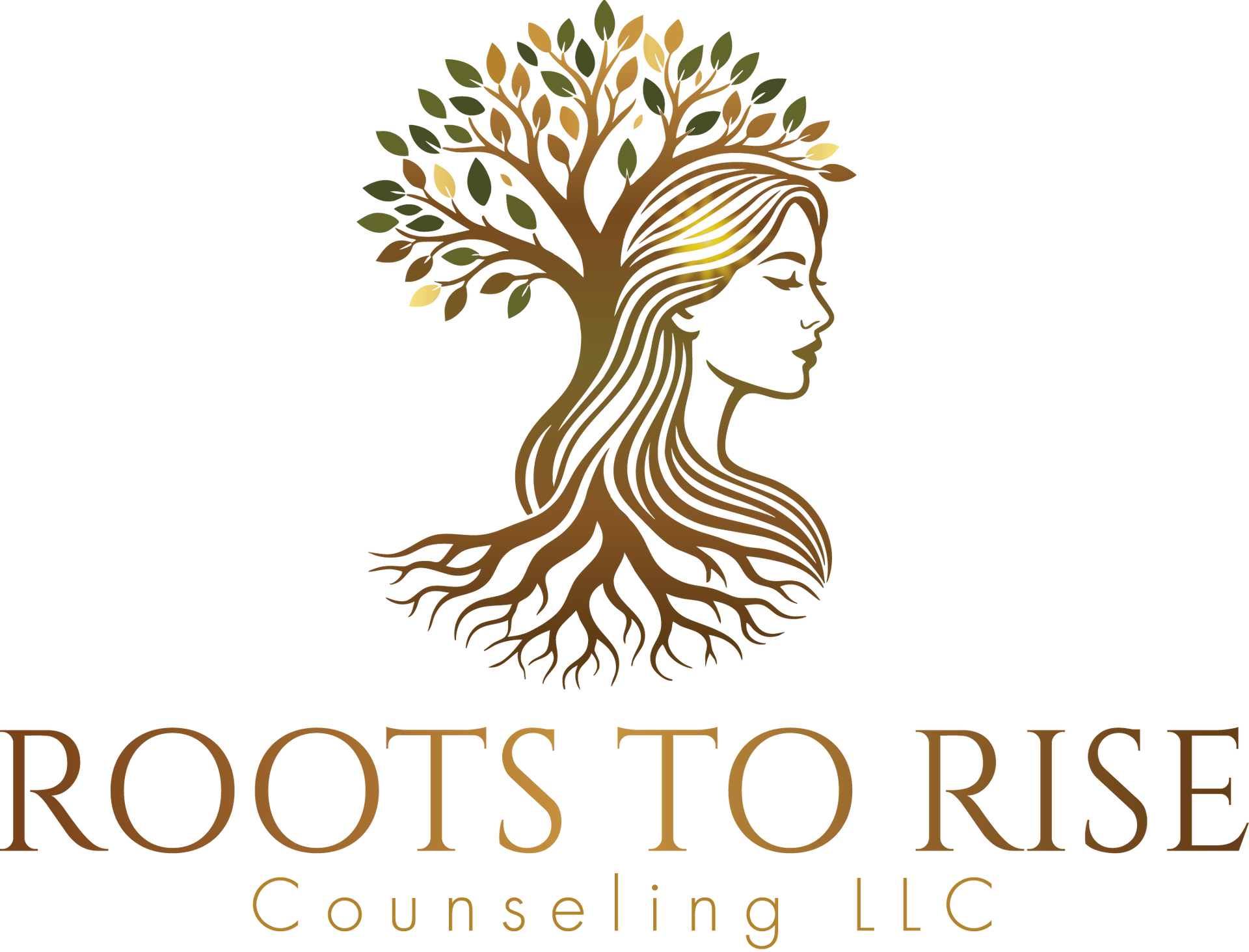 Image of a sad and pensive woman in midlife who is struggling with anxiety and depression. The roots of the tree represents childhood and the leaves her growth and progress.