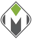 The letter m is in a diamond shape with a green square in the middle.