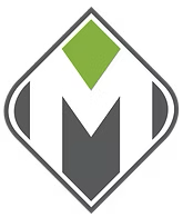 The letter m is in a diamond shape with a green square in the middle.