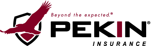 The logo for pekin insurance shows a red bird flying over a shield.