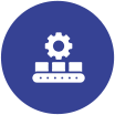 A conveyor belt with a gear and boxes on it in a blue circle.