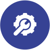 A blue circle with a white gear and a wrench inside of it.
