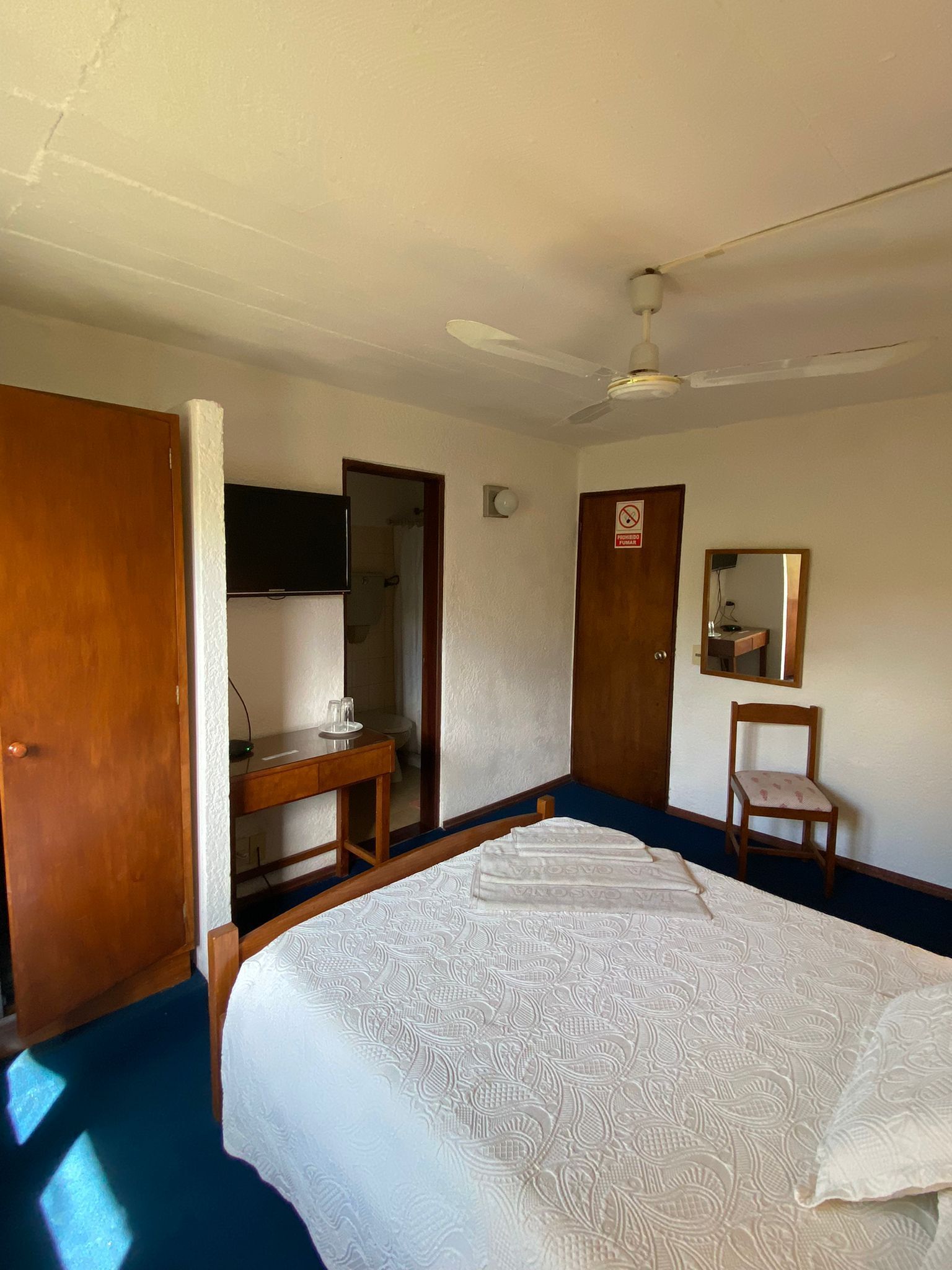 Dormitorio con cama, armario, escritorio, espejo y puerta del baño; colores claros.