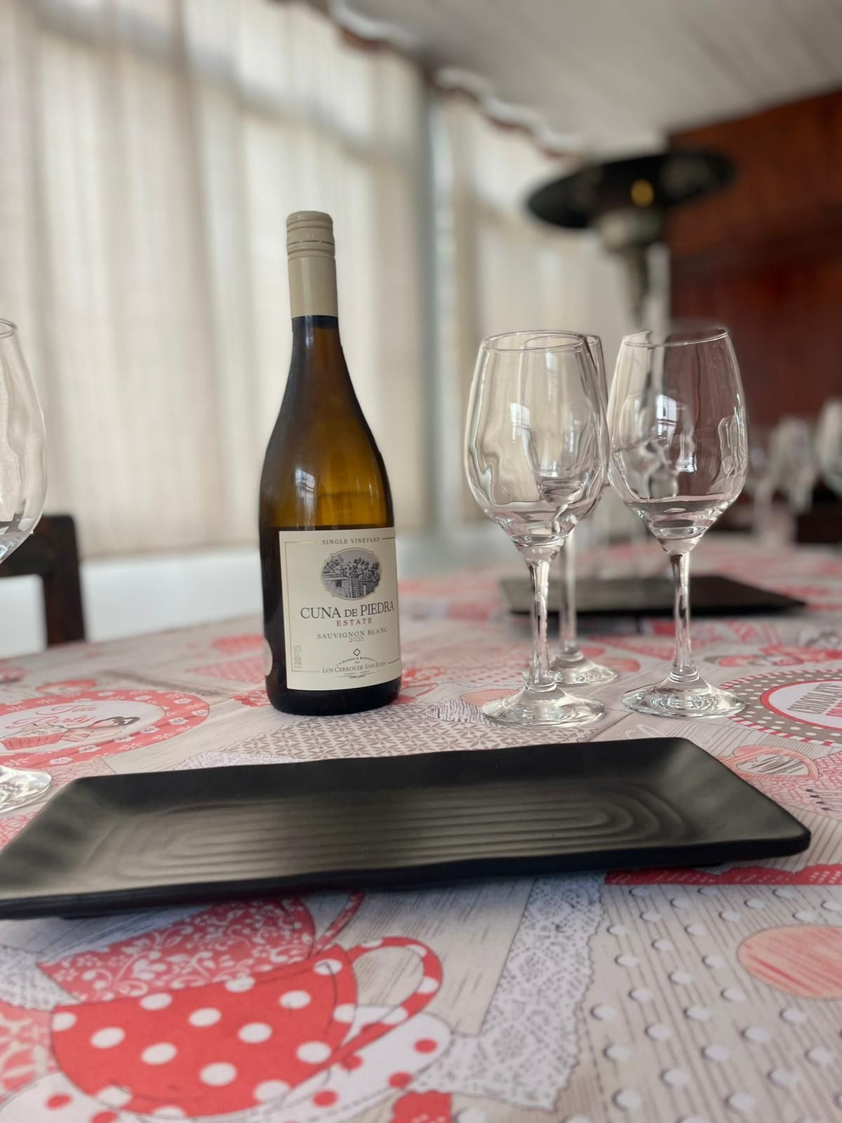 Botella de vino, copas y plato para servir sobre un mantel estampado, al aire libre.