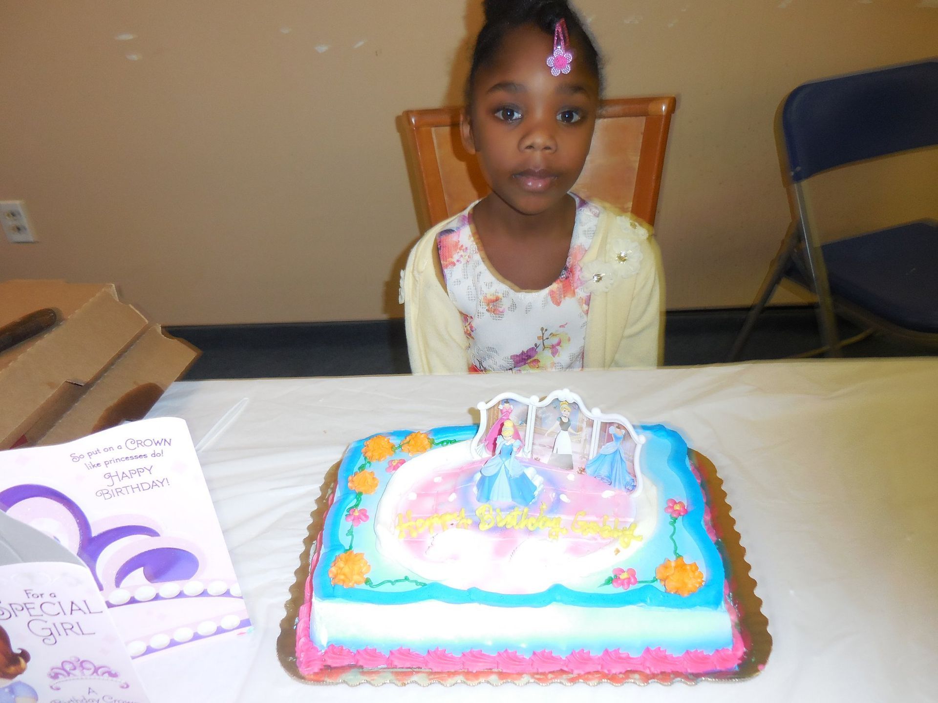 A child sits behind a rectangular cake decorated with pink, blue, and white icing at a table.