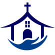 A dark blue icon of a church building held protectively by a stylized hand, set against a white background.