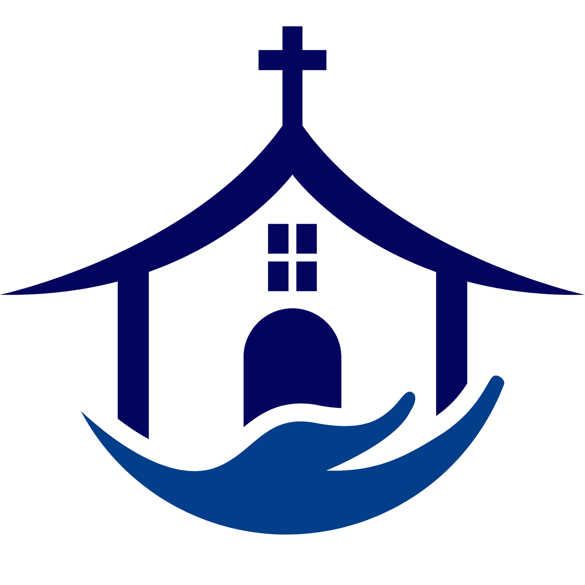 A dark blue icon of a church building held protectively by a stylized hand, set against a white background.