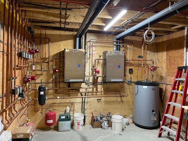 A complex boiler system in a mechanical room