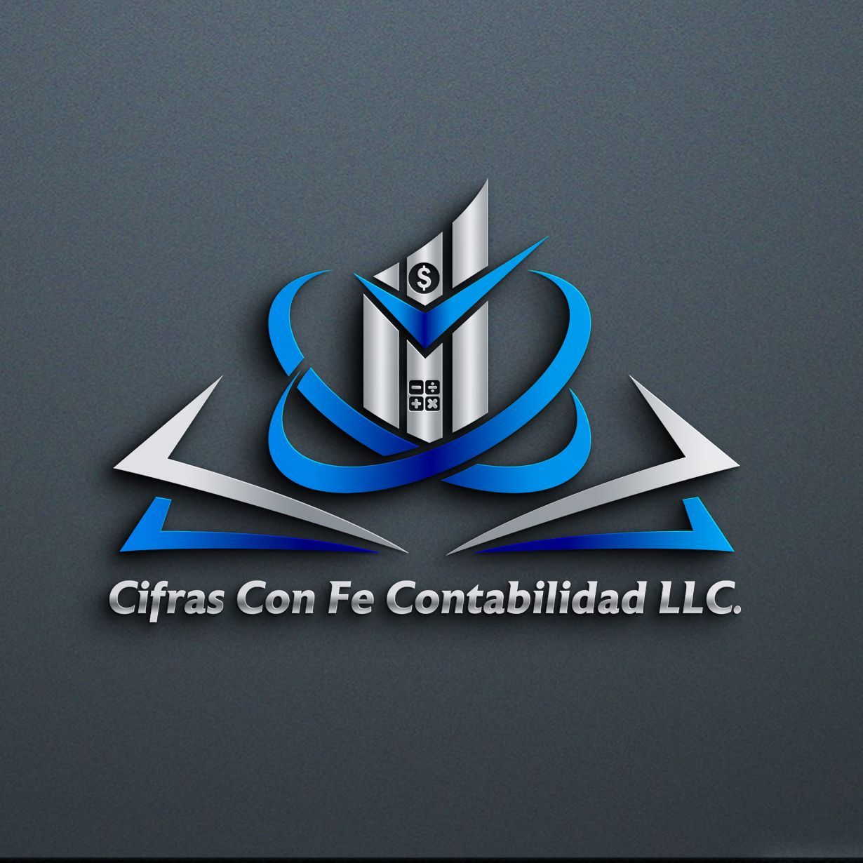 Logo for Cifras Con Fe Contabilidad LLC featuring a metallic, blue-accented building icon over a book on a gray background.