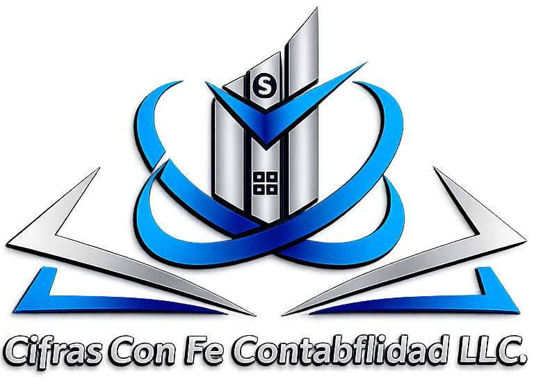 Logo for Cifras Con Fe Contabilidad LLC featuring a metallic building icon with a blue swoosh and the company name.