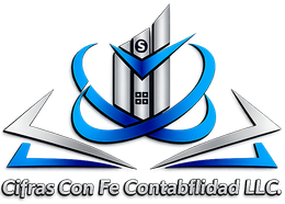 Logo for Cifras Con Fe Contabilidad LLC featuring a metallic building icon with a blue swoosh and the company name.