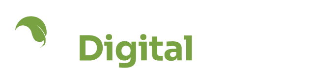 Logo with a green leaf in a circle, and the word “digital” below in green.