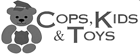 A black and white logo for cops , kids and toys with a teddy bear wearing a police hat.