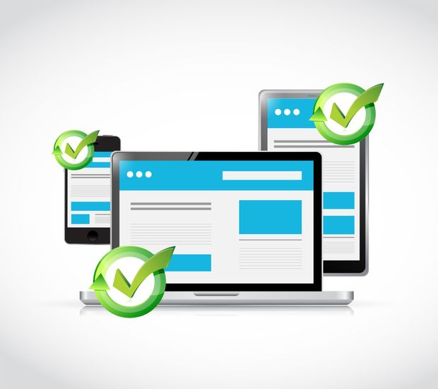 Laptop, tablet, and phone with website displays, each with a green checkmark indicating successful updates.