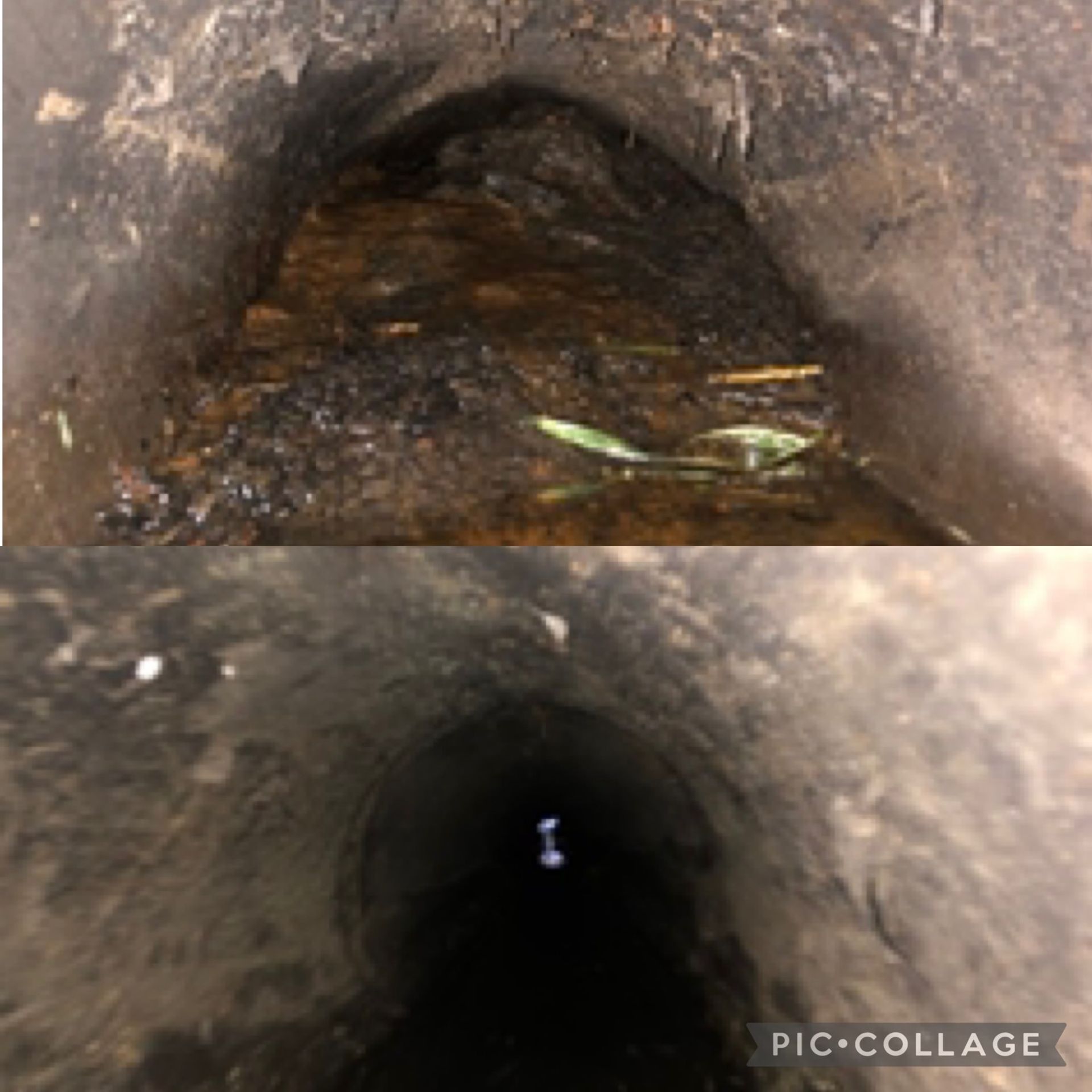 A before and after picture of a drain with water coming out of it