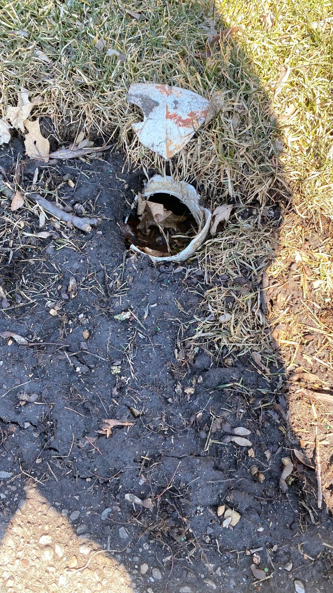 A bucket is sitting in the grass next to a hole in the ground.