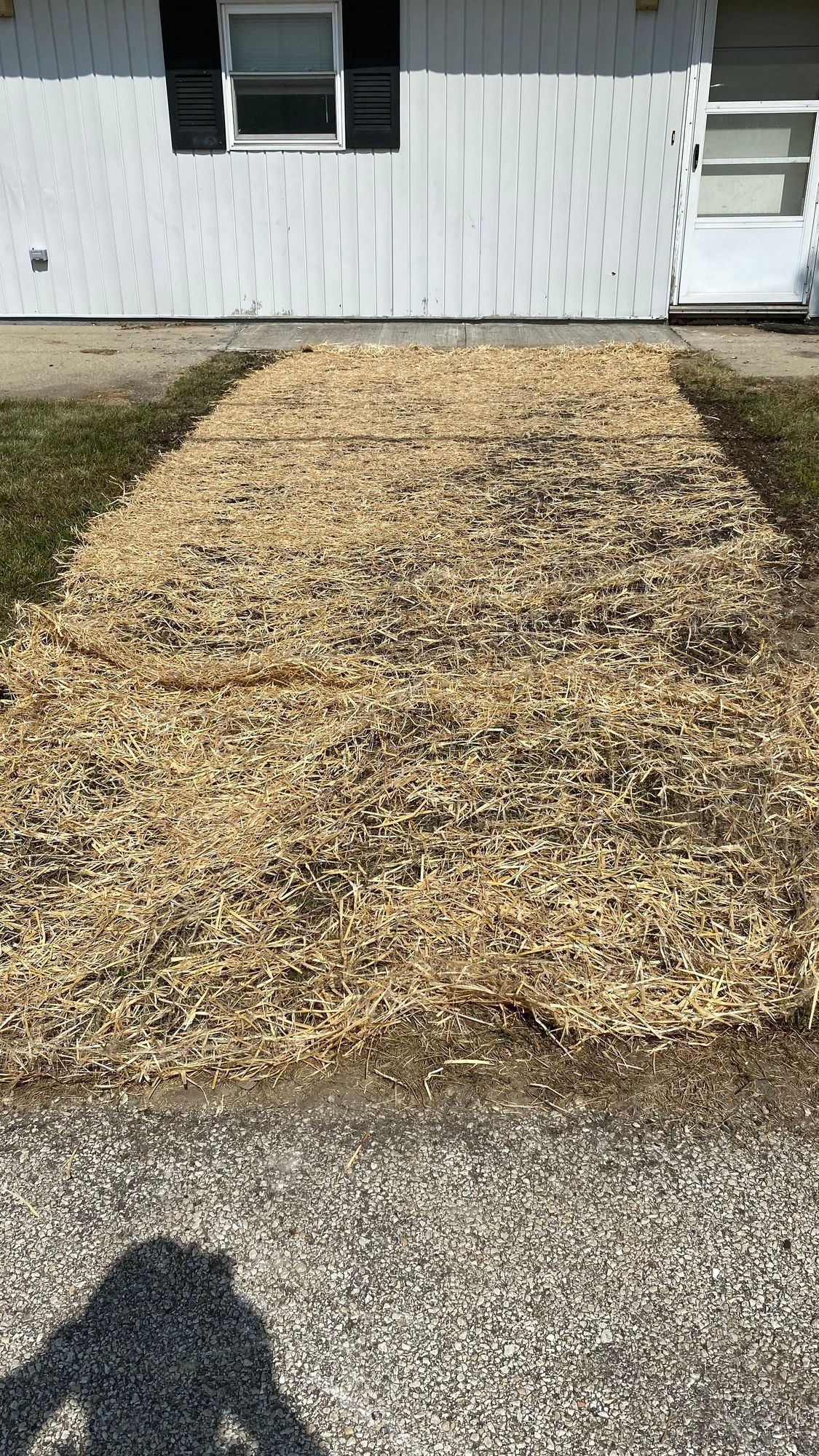 A pile of wood chips is sitting in front of a house.