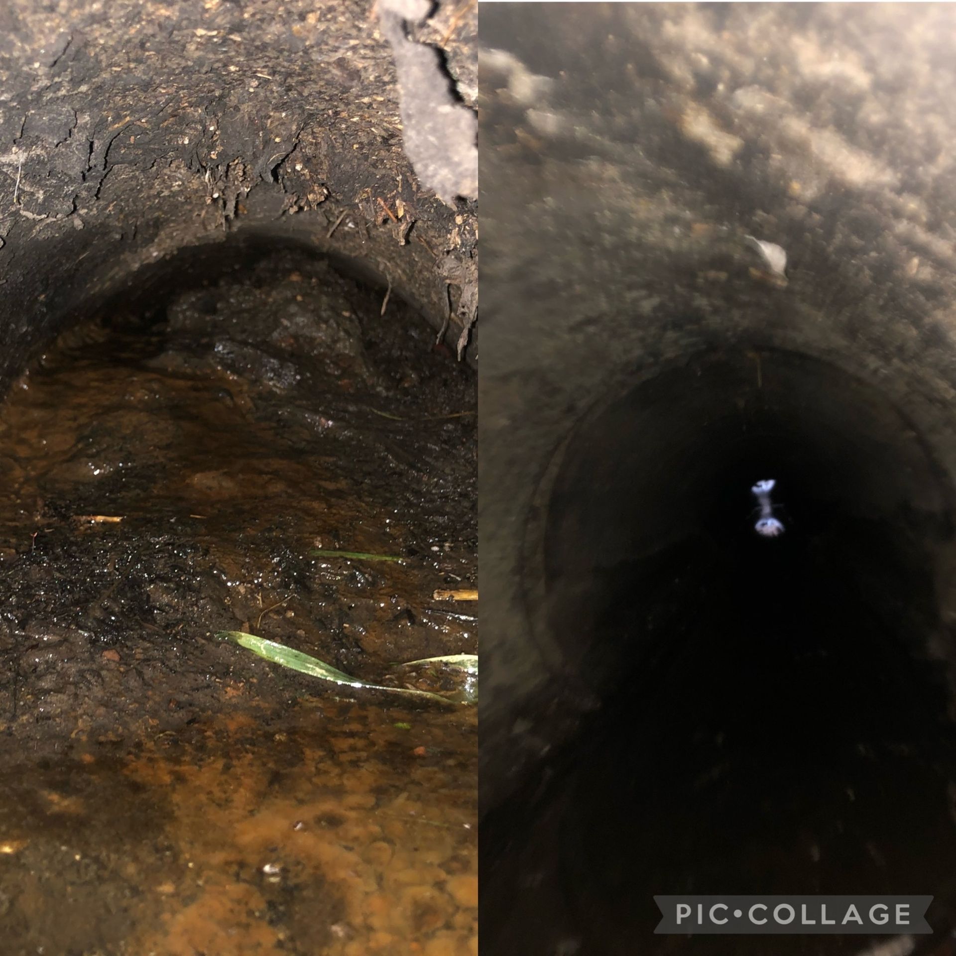 A before and after picture of a drain with water coming out of it