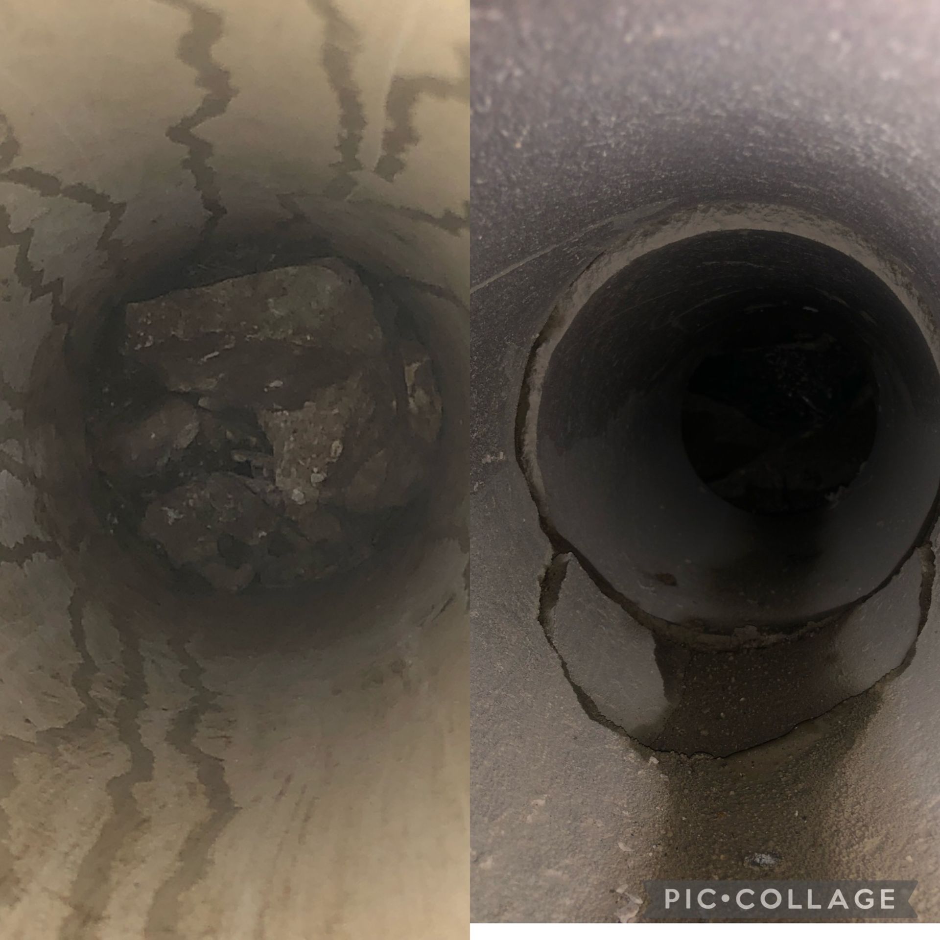 A before and after picture of a drain with a rock in it.