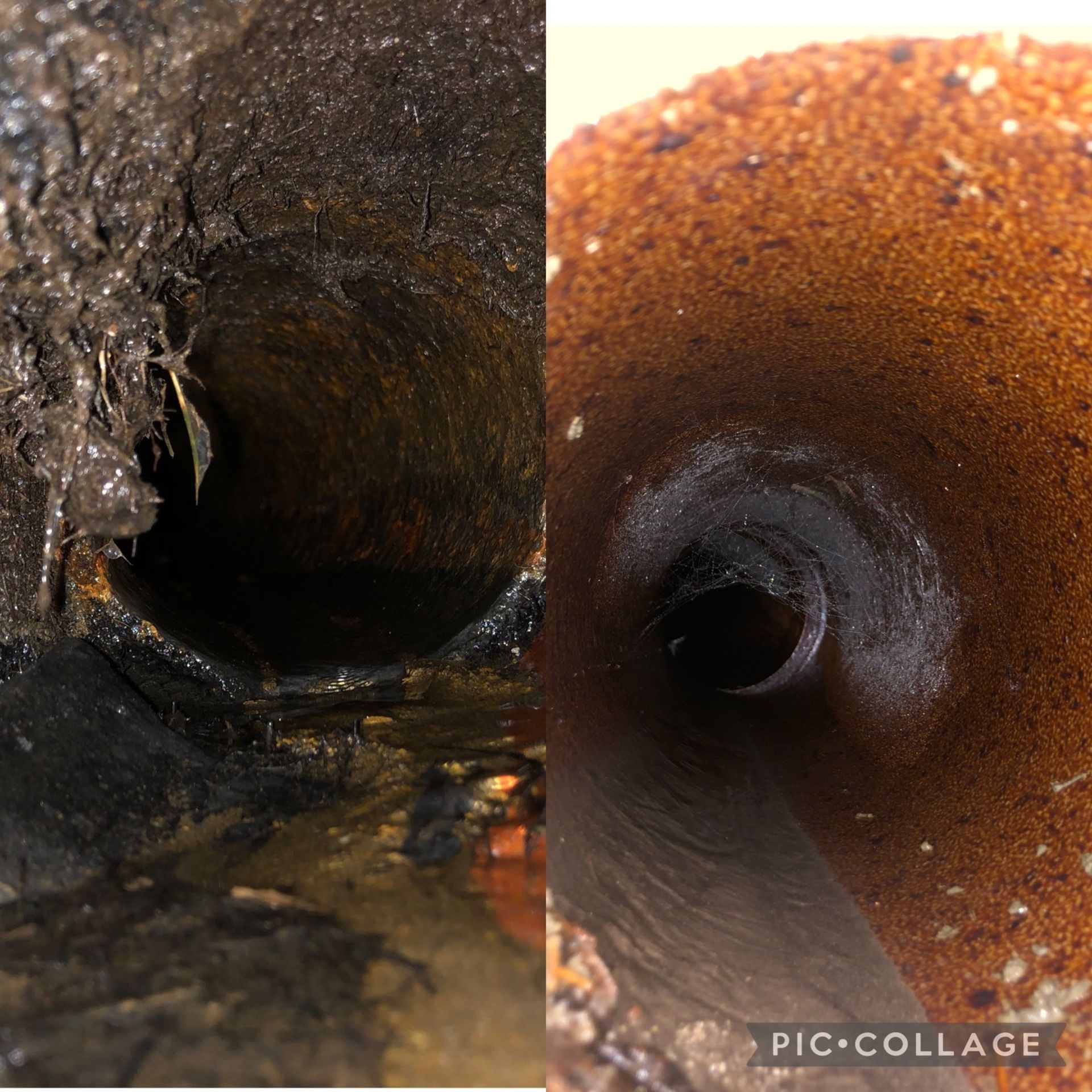 A picture of a pipe before and after being cleaned