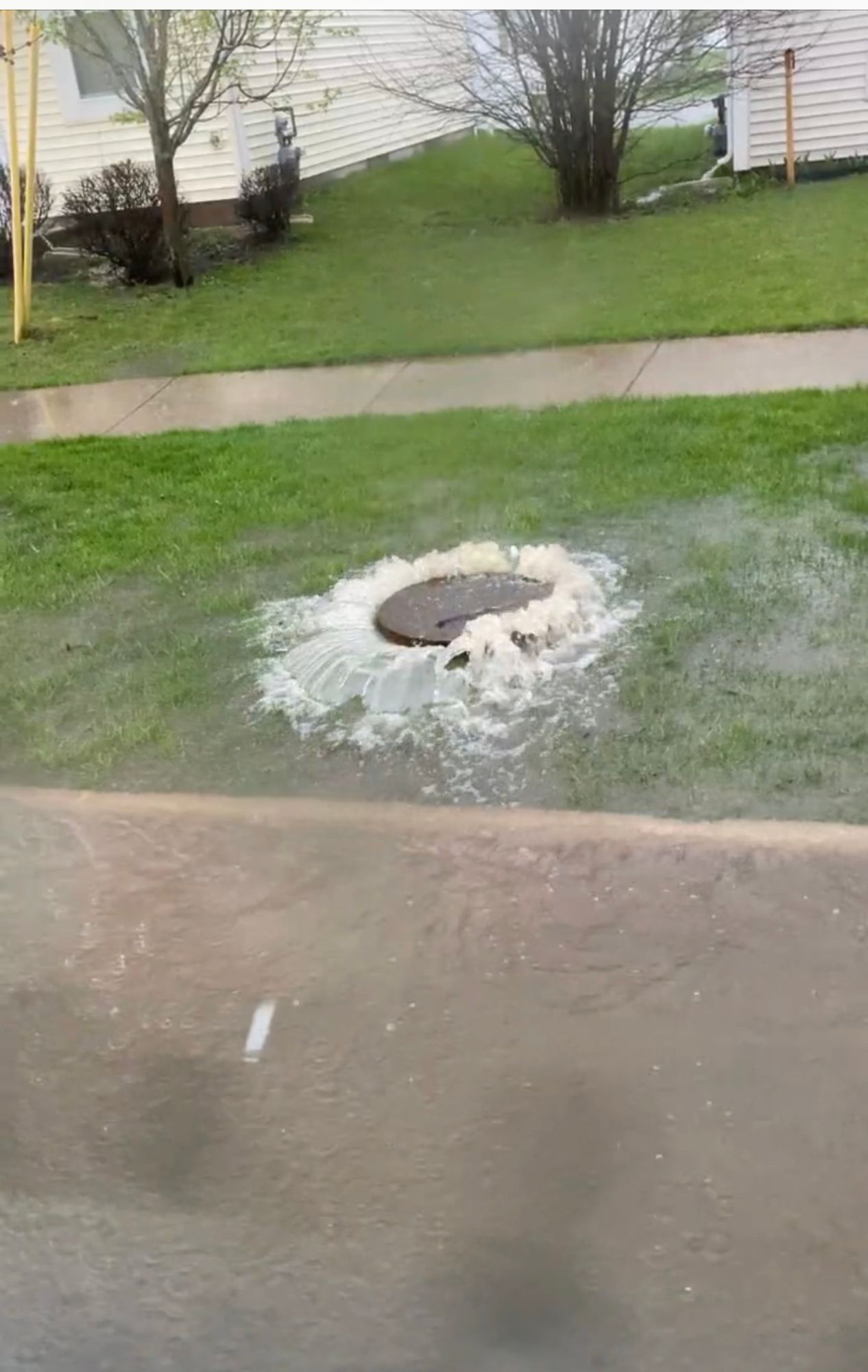 A manhole cover is sitting in the middle of a flooded yard.