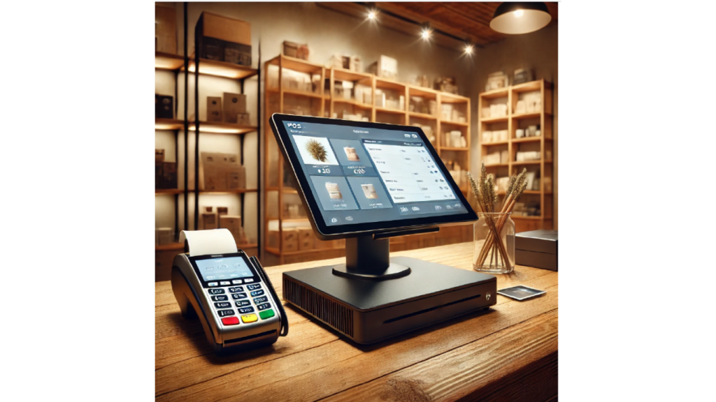 Smart checkout kiosk with touchscreen and card reader on a wooden counter in a warmly lit café.