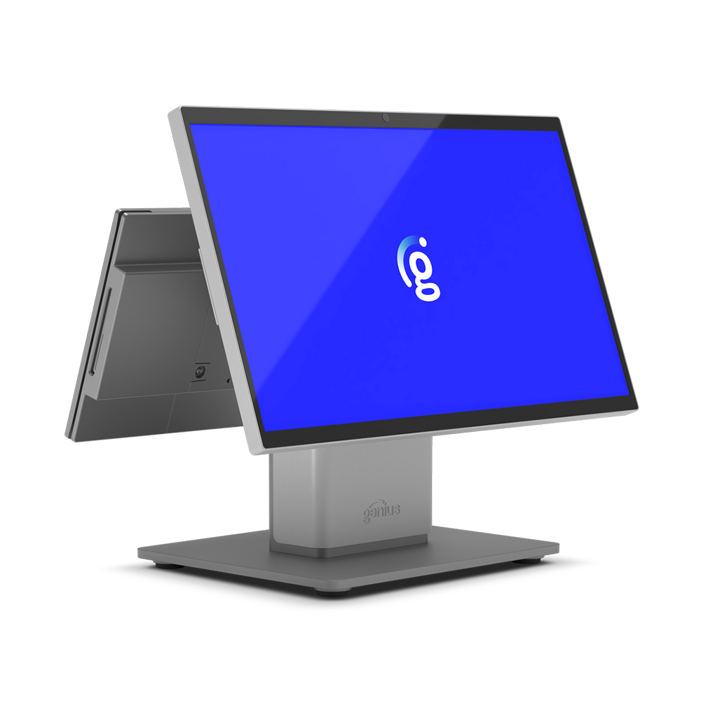 Silver touchscreen POS terminal with blue display on a stand, shown in three-quarter view