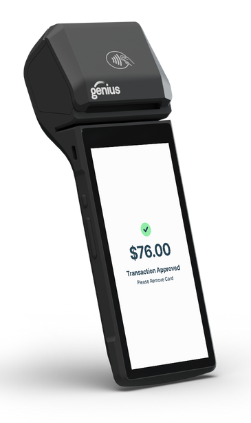 Black handheld payment terminal displaying a $76.00 transaction approved message on its screen