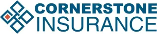 The logo for cornerstone insurance is blue and white with a diamond in the middle.