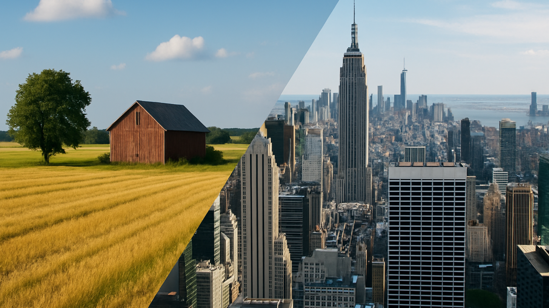 Rural landscape with barn and field, transitioning to cityscape with skyscrapers.