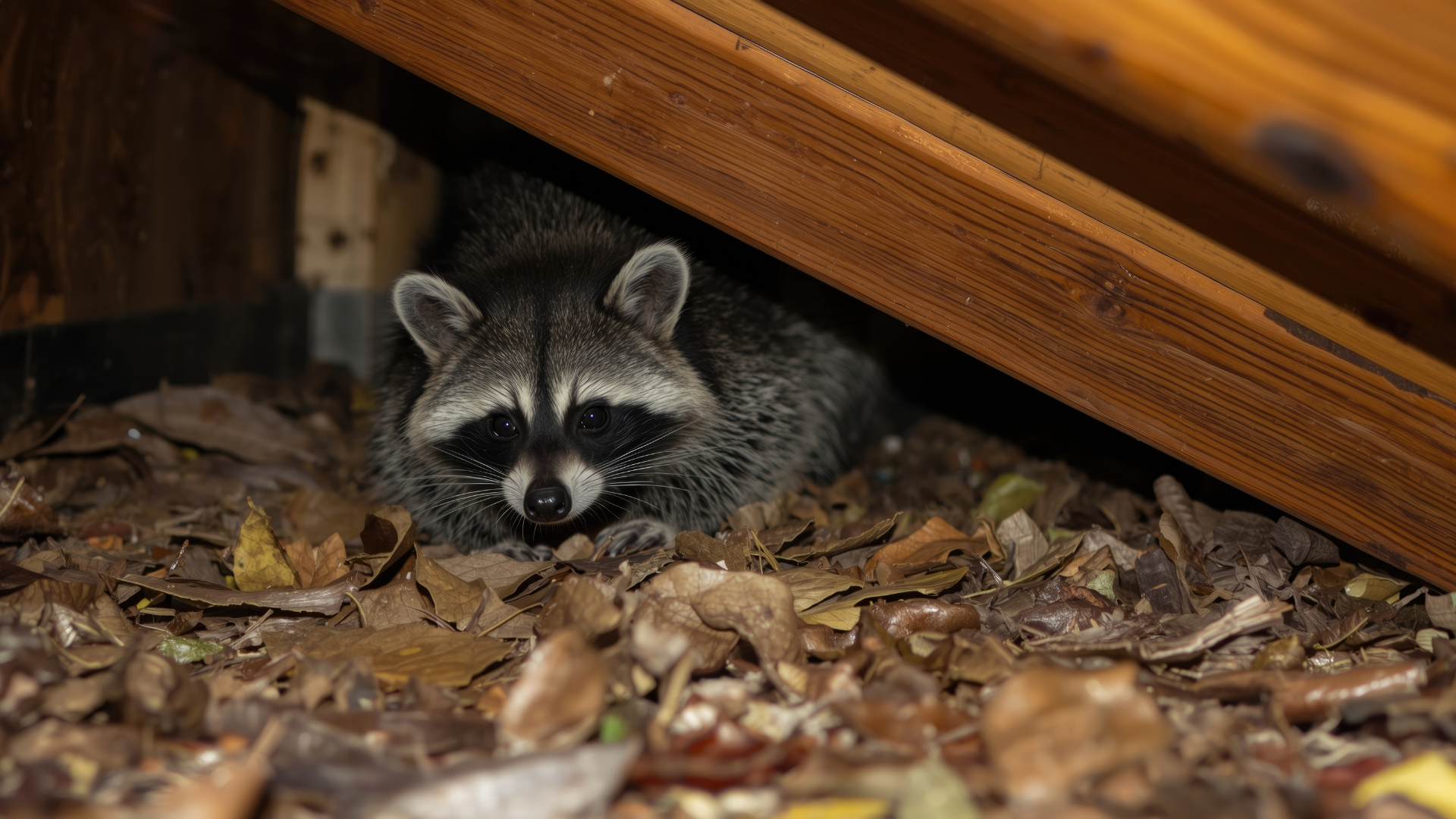 A raccoon with distinct black eye patches peeks out from under a wooden structure onto a ground covered with dry leaves.